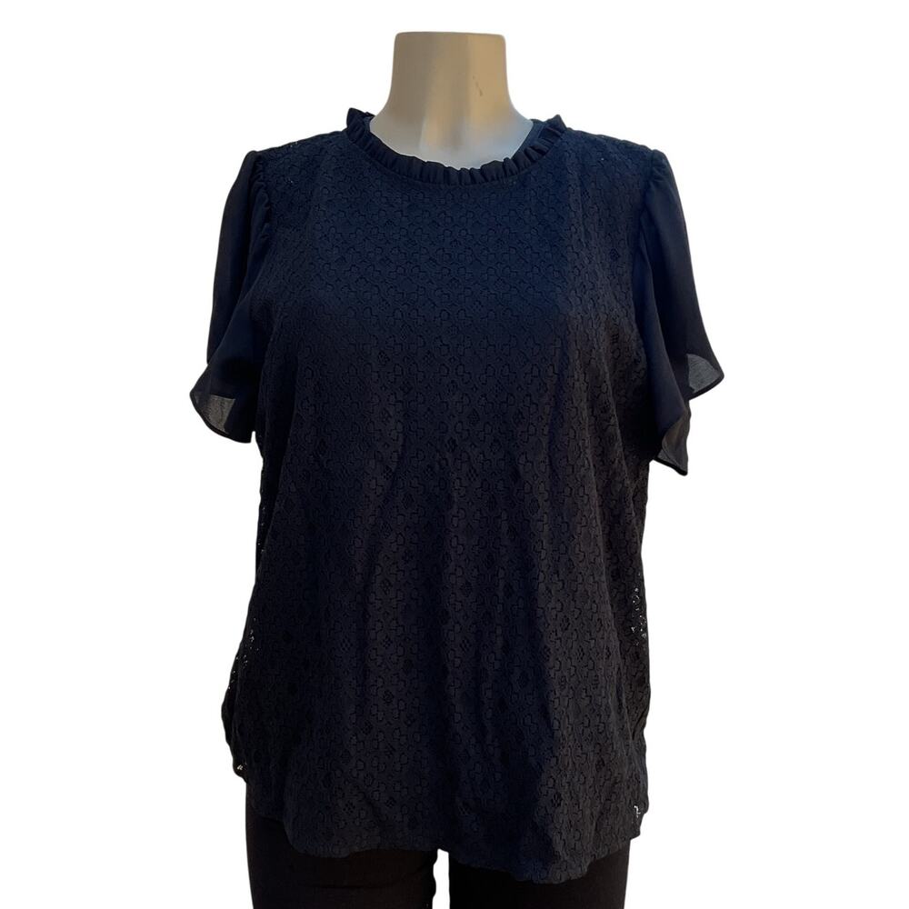 LOFT Black Lace Blouse Women L Ruffle Neck Flutter Sleeve Sheer Elegant Top